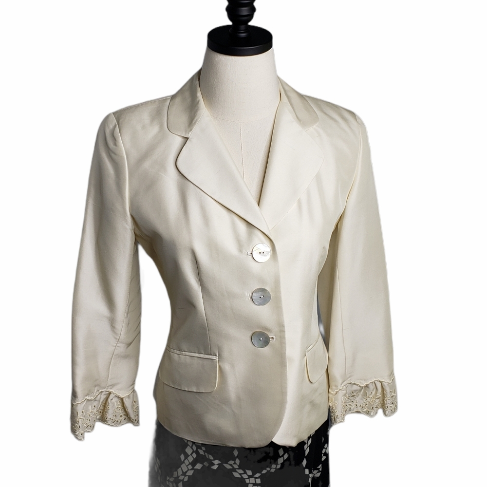 Vintage Silk Blazer Shoulder Pads Large Buttons Eyelet Cuffs Wedding Events 6p